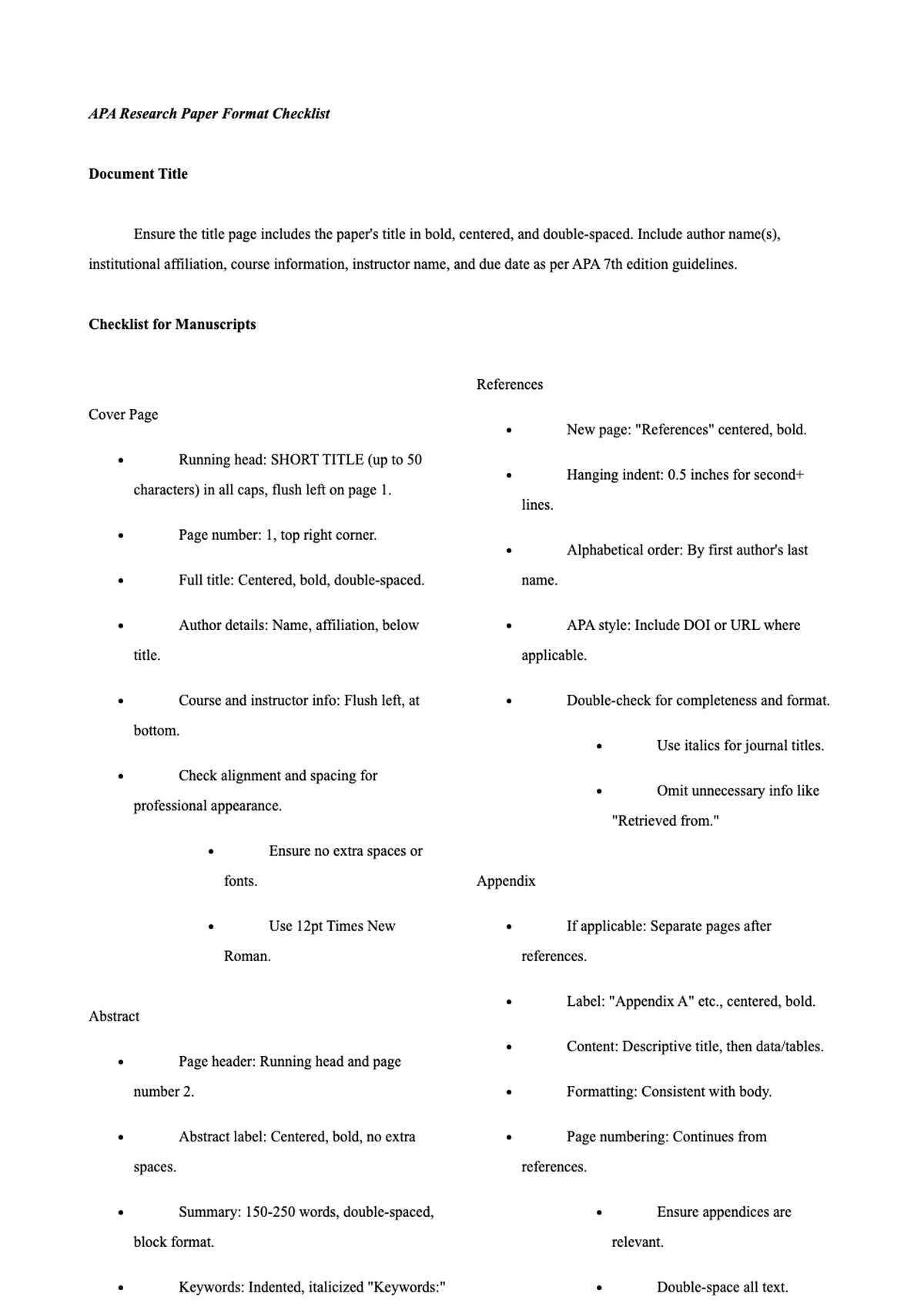 Research paper format checklist with APA guidelines and manuscript structure_variant_2